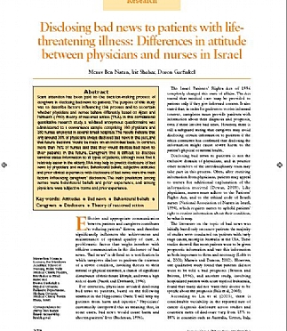 Disclosing bad news to patients with lifethreatening illness: Differences in attitude between physicians and nurses in Israel (הגדל)