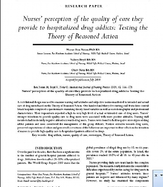 Nurses’ perception of the quality of care they provide to hospitalized drug addicts: Testing the Theory of Reasoned Action (הגדל)